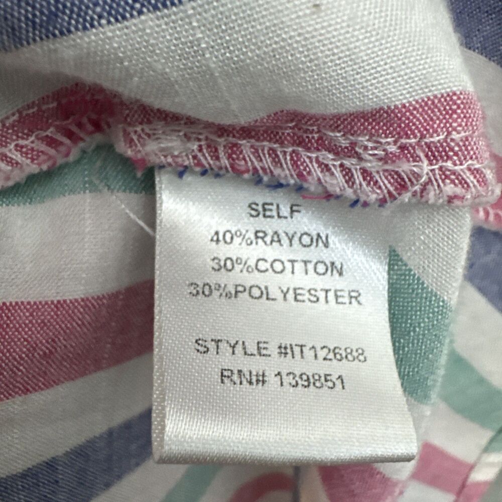 Oddi top med pullover striped 3/4 bell sleeve blue pink white vneck rayon blend - Picture 3 of 8